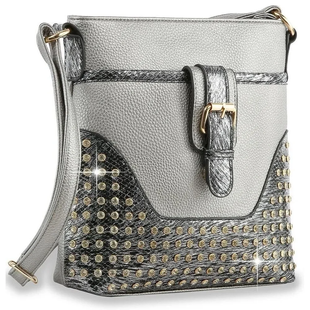 Pewter Rhinestone Crossbody Sling Medium Crossbody Bag Cell Phone Purse Handbag